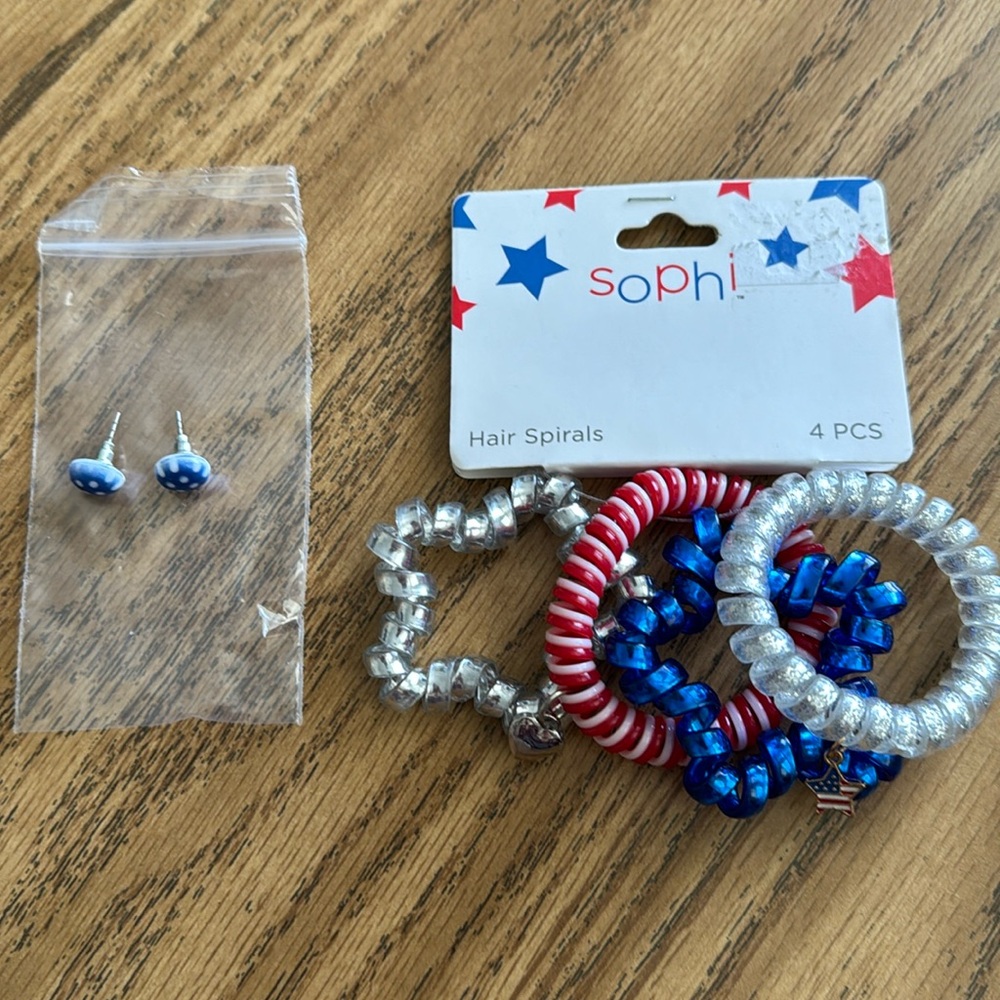 Set of 4 patriotic hair spirals, and 1 pair of blue & white earrings